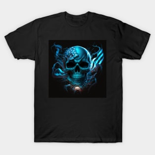 Aqua Skull and American Flag Art T-Shirt